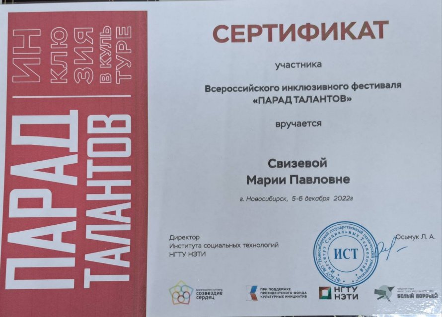 Сертификат участника инклюзивного фестиваля "ПАРАД ТАЛАНТОВ" выдан Свизевой Марии